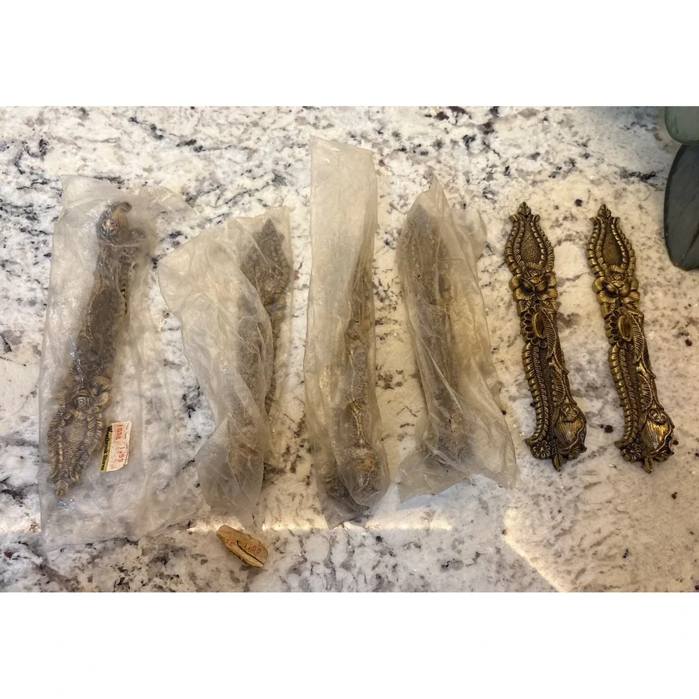 6 Vintage Ornate Brass? Drop Pull Handle Art Nouveau Rose Leaf Westbrook NOS